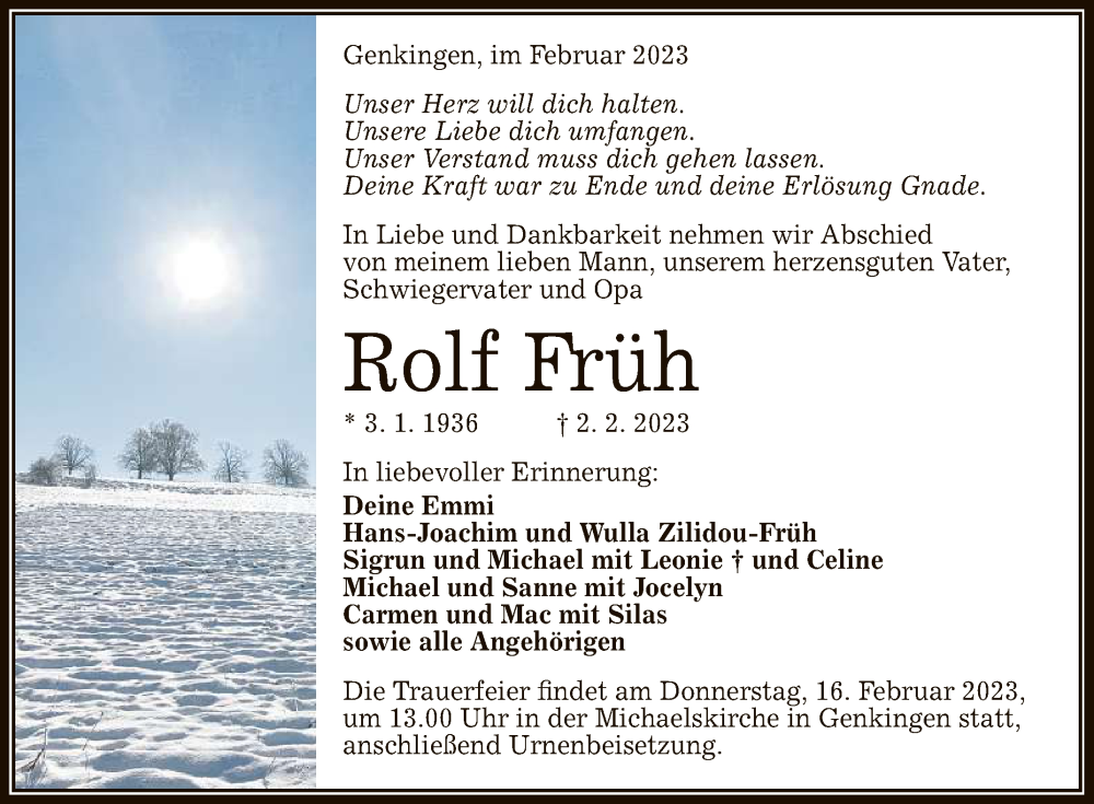  Traueranzeige für Rolf Früh vom 11.02.2023 aus Reutlinger General-Anzeiger
