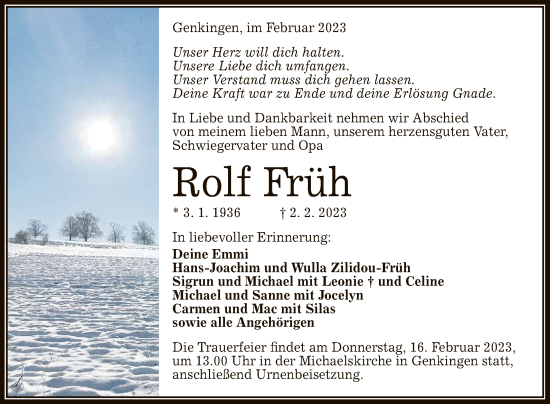 Anzeige von Rolf Früh von Reutlinger General-Anzeiger