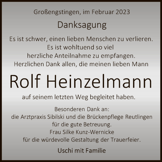 Anzeige von Rolf Heinzelmann von Reutlinger General-Anzeiger