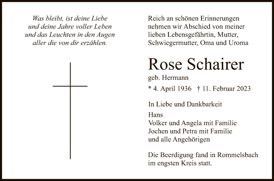 Anzeige von Rose Schairer von Reutlinger General-Anzeiger