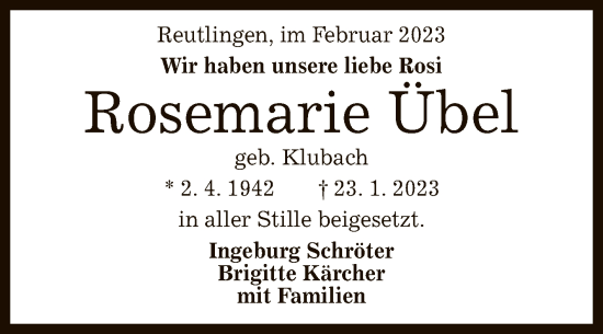 Anzeige von Rosemarie Übel von Reutlinger General-Anzeiger