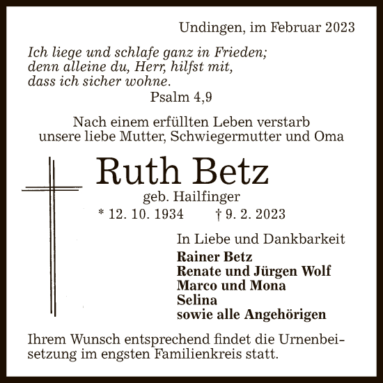 Anzeige von Ruth Betz von Reutlinger General-Anzeiger