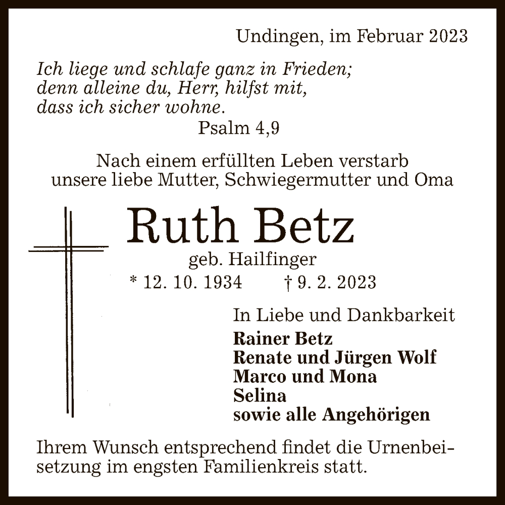  Traueranzeige für Ruth Betz vom 16.02.2023 aus Reutlinger General-Anzeiger