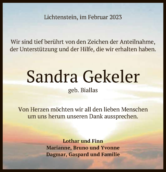 Anzeige von Sandra Gekeler von Reutlinger General-Anzeiger