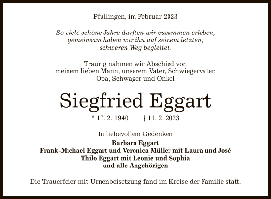 Anzeige von Siegfried Eggart von Reutlinger General-Anzeiger