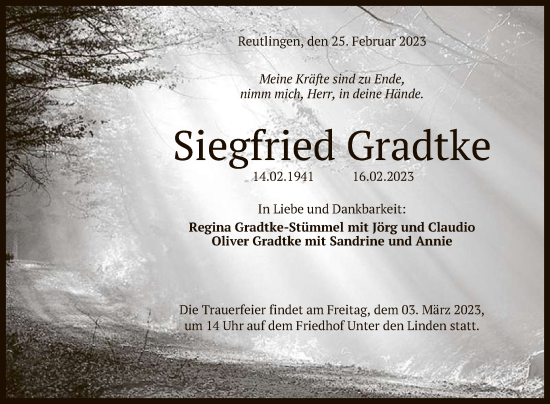 Anzeige von Siegfried Gradtke von Reutlinger General-Anzeiger