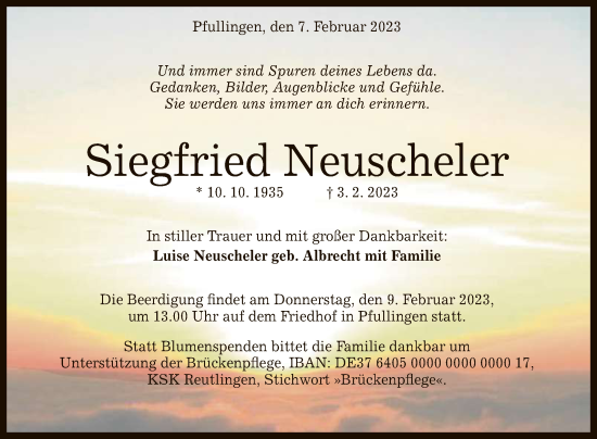 Anzeige von Siegfried Neuscheler von Reutlinger General-Anzeiger