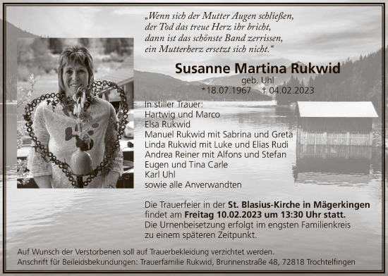 Anzeige von Susanne Martina Rukwid von Reutlinger General-Anzeiger
