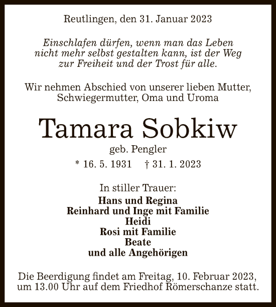 Anzeige von Tamara Sobkiw von Reutlinger General-Anzeiger