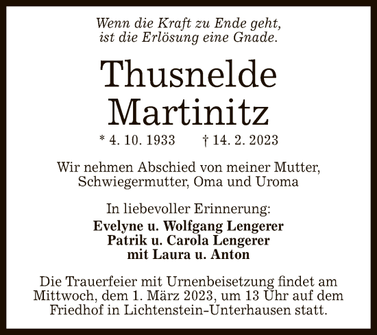 Anzeige von Thusnelde Martinitz von Reutlinger General-Anzeiger