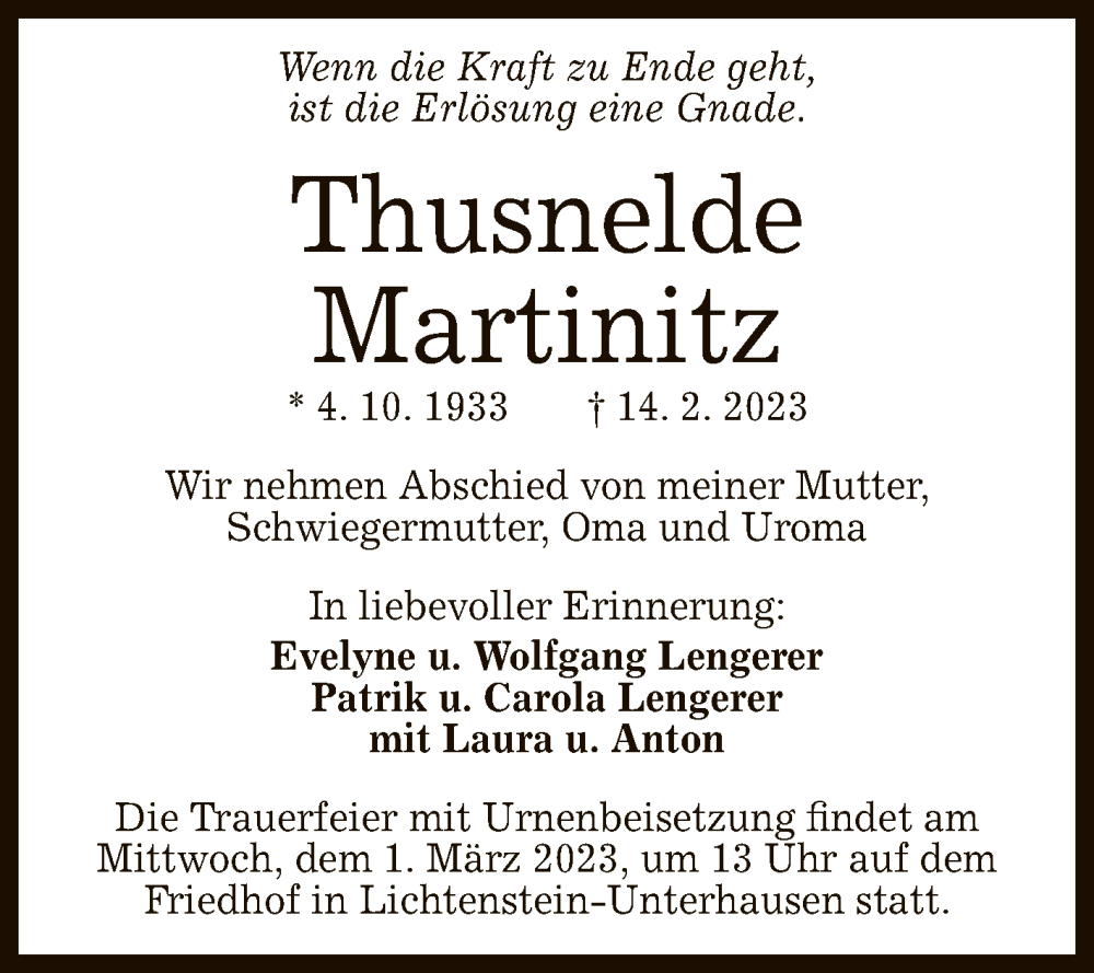  Traueranzeige für Thusnelde Martinitz vom 25.02.2023 aus Reutlinger General-Anzeiger