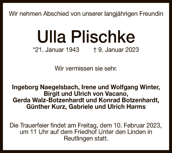 Anzeige von Ulla Plischke von Reutlinger General-Anzeiger