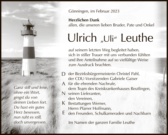 Anzeige von Ulrich Leuthe von Reutlinger General-Anzeiger