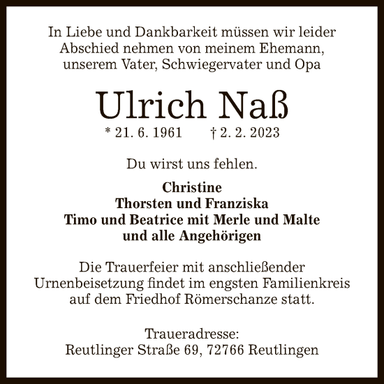 Anzeige von Ulrich Naß von Reutlinger General-Anzeiger