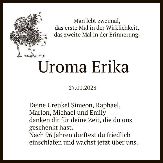 Anzeige von Uroma Erika von Reutlinger General-Anzeiger