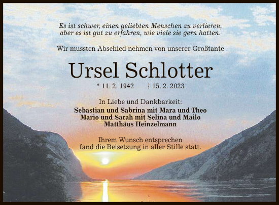 Anzeige von Ursel Schlotter von Reutlinger General-Anzeiger