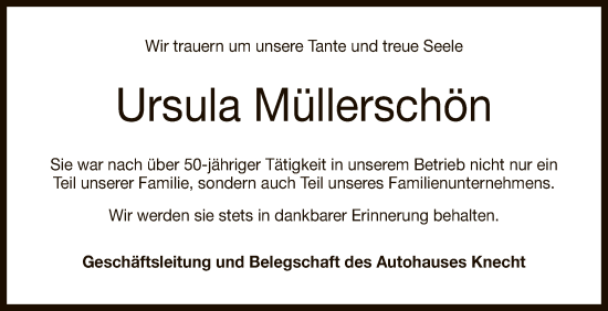 Anzeige von Ursula Müllerschön von Reutlinger General-Anzeiger