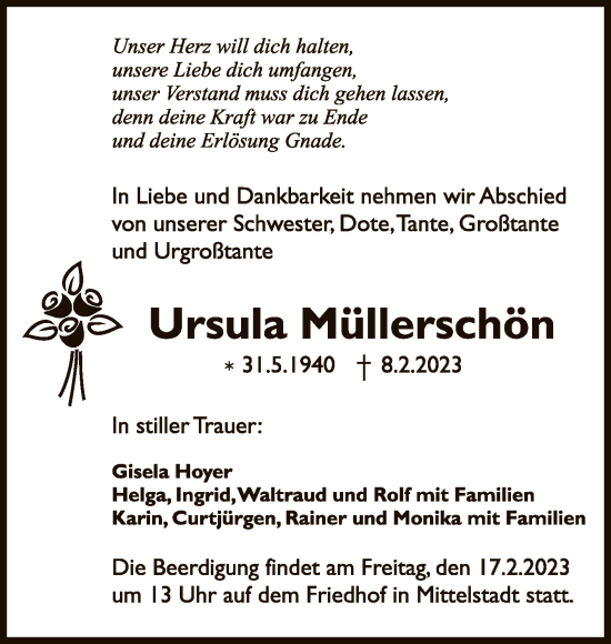 Anzeige von Ursula Müllerschön von Reutlinger General-Anzeiger