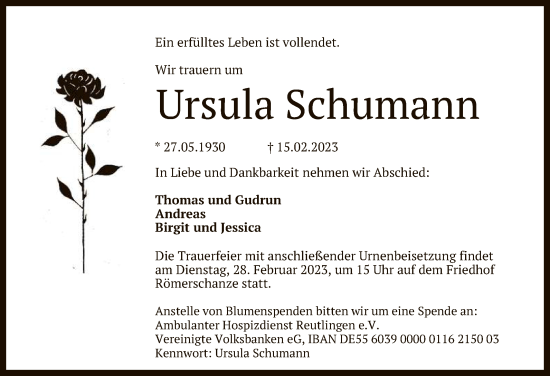 Anzeige von Ursula Schumann von Reutlinger General-Anzeiger