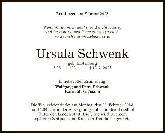 Anzeige von Ursula Schwenk von Reutlinger General-Anzeiger