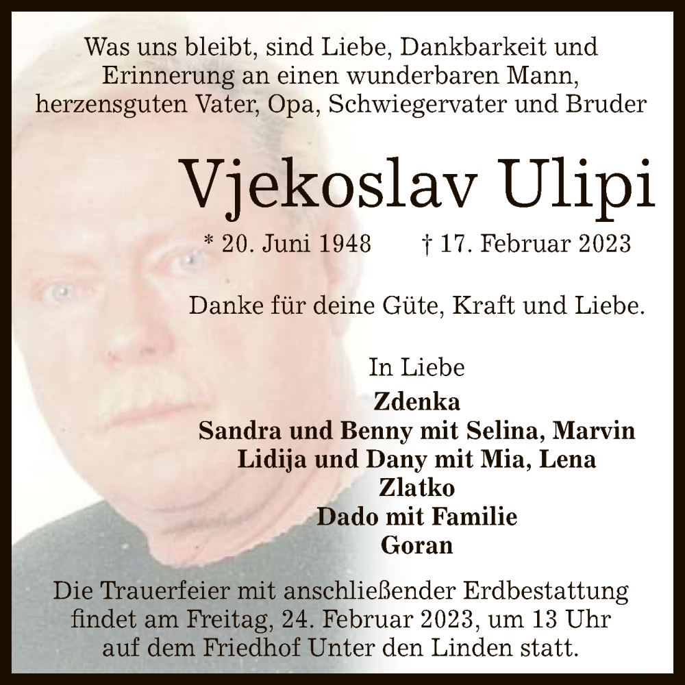  Traueranzeige für Vjekoslav Ulipi vom 22.02.2023 aus Reutlinger General-Anzeiger