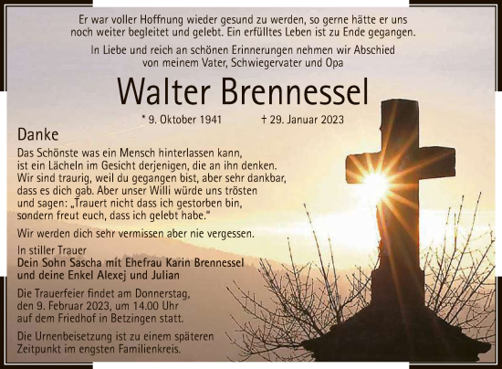 Anzeige von Walter Brennessel von Reutlinger General-Anzeiger