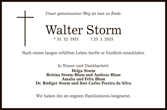 Anzeige von Walter Storm von Reutlinger General-Anzeiger