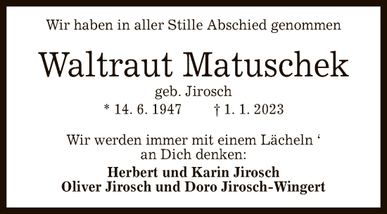 Anzeige von Waltraut Matuschek von Reutlinger General-Anzeiger