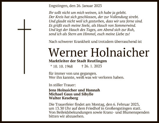 Anzeige von Werner Holnaicher von Reutlinger General-Anzeiger