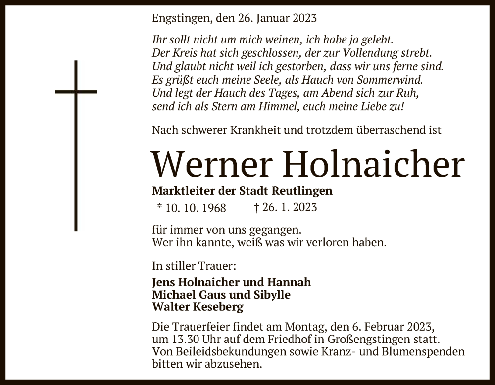  Traueranzeige für Werner Holnaicher vom 02.02.2023 aus Reutlinger General-Anzeiger