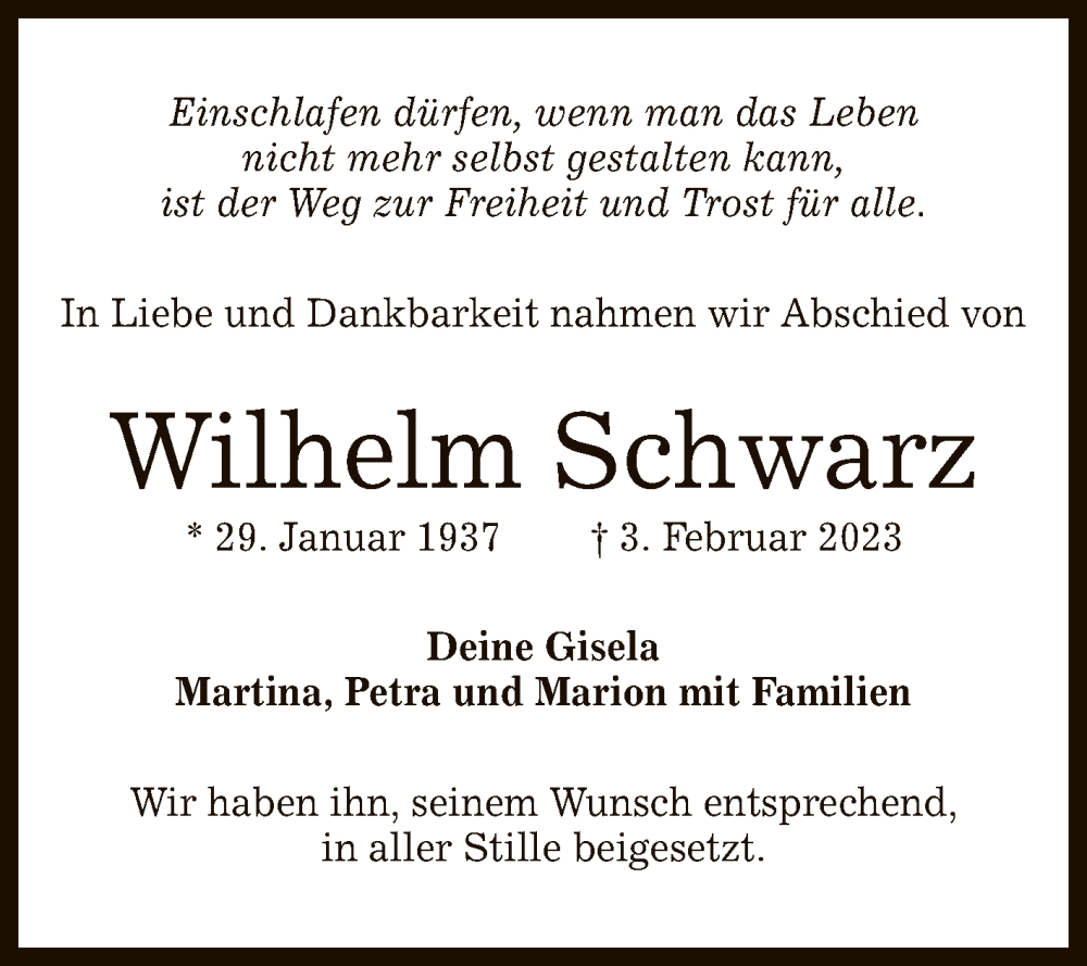  Traueranzeige für Wilhelm Schwarz vom 18.02.2023 aus Reutlinger General-Anzeiger