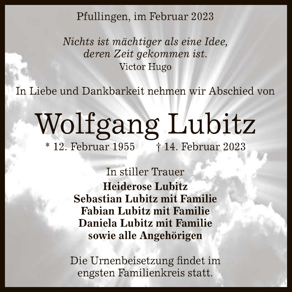  Traueranzeige für Wolfgang Lubitz vom 25.02.2023 aus Reutlinger General-Anzeiger
