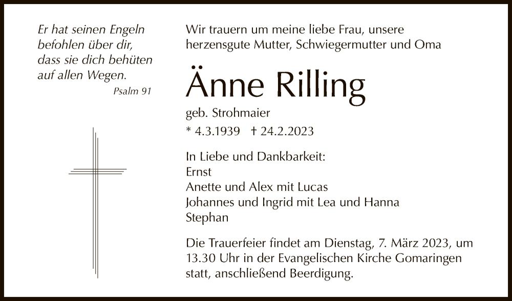  Traueranzeige für Änne Rilling vom 01.03.2023 aus Reutlinger General-Anzeiger