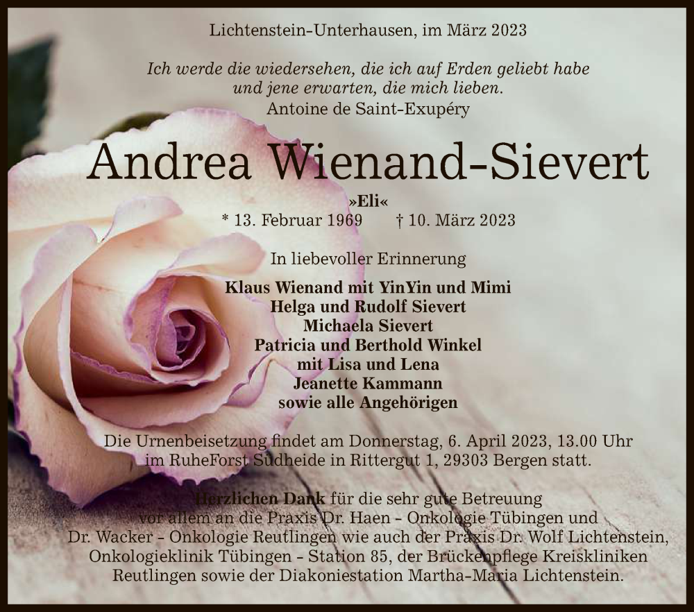  Traueranzeige für Andrea Wienand-Sievert vom 15.03.2023 aus Reutlinger General-Anzeiger
