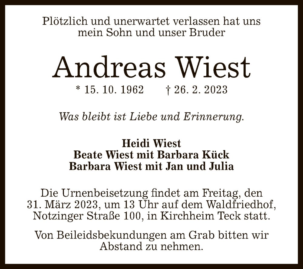  Traueranzeige für Andreas Wiest vom 11.03.2023 aus Reutlinger General-Anzeiger