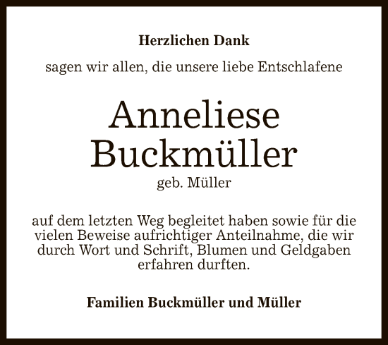 Anzeige von Anneliese Buckmüller von Reutlinger General-Anzeiger