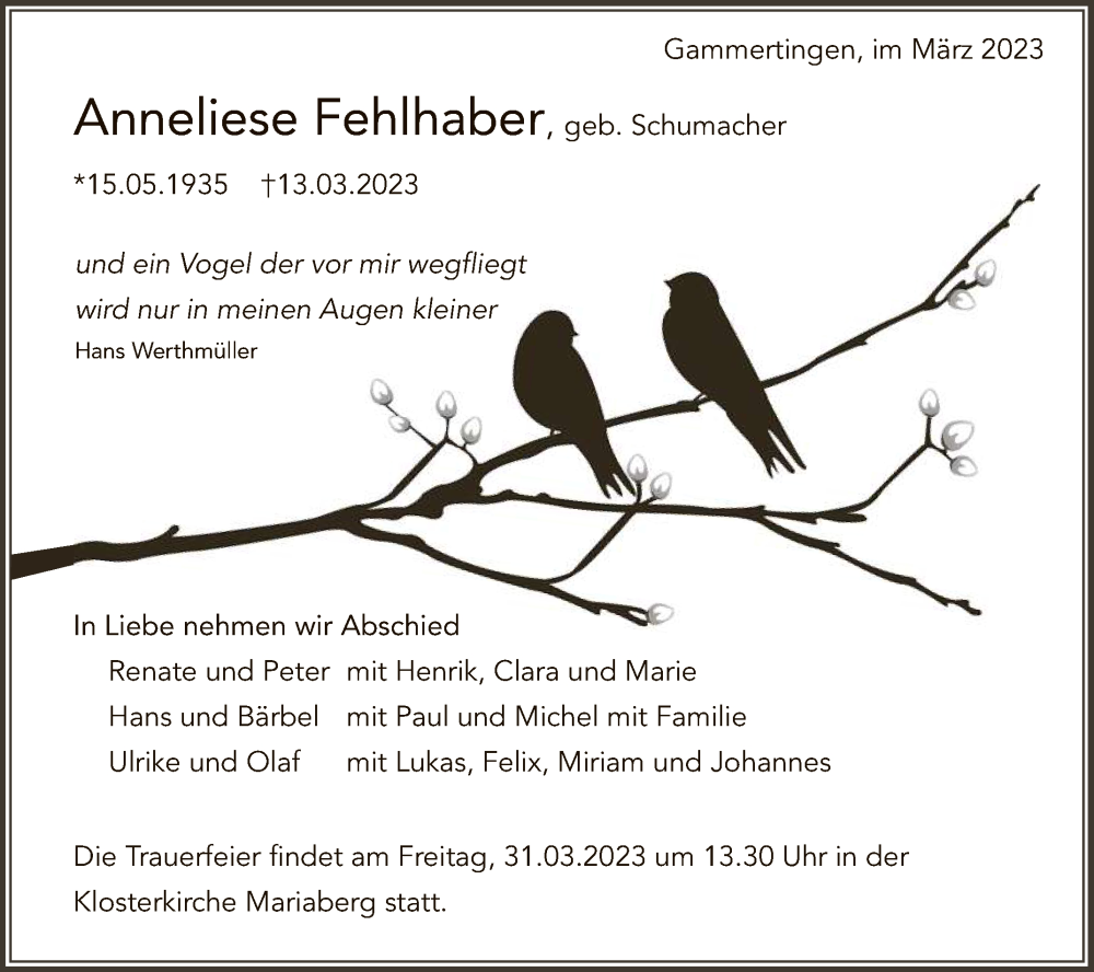  Traueranzeige für Anneliese Fehlhaber vom 18.03.2023 aus Reutlinger General-Anzeiger