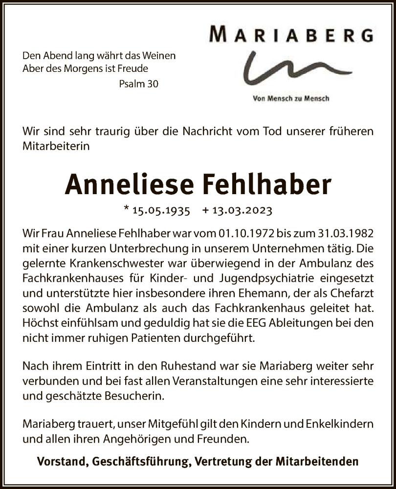  Traueranzeige für Anneliese Fehlhaber vom 23.03.2023 aus Reutlinger General-Anzeiger
