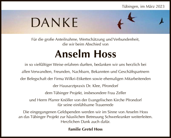 Anzeige von Anselm Hoss von Reutlinger General-Anzeiger