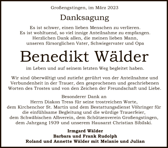 Anzeige von Benedikt Wälder von Reutlinger General-Anzeiger