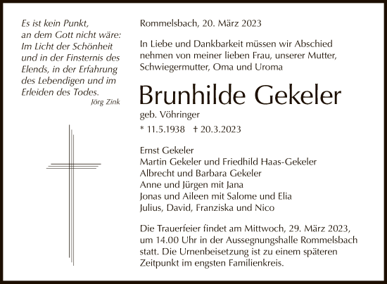 Anzeige von Brunhilde Gekeler von Reutlinger General-Anzeiger