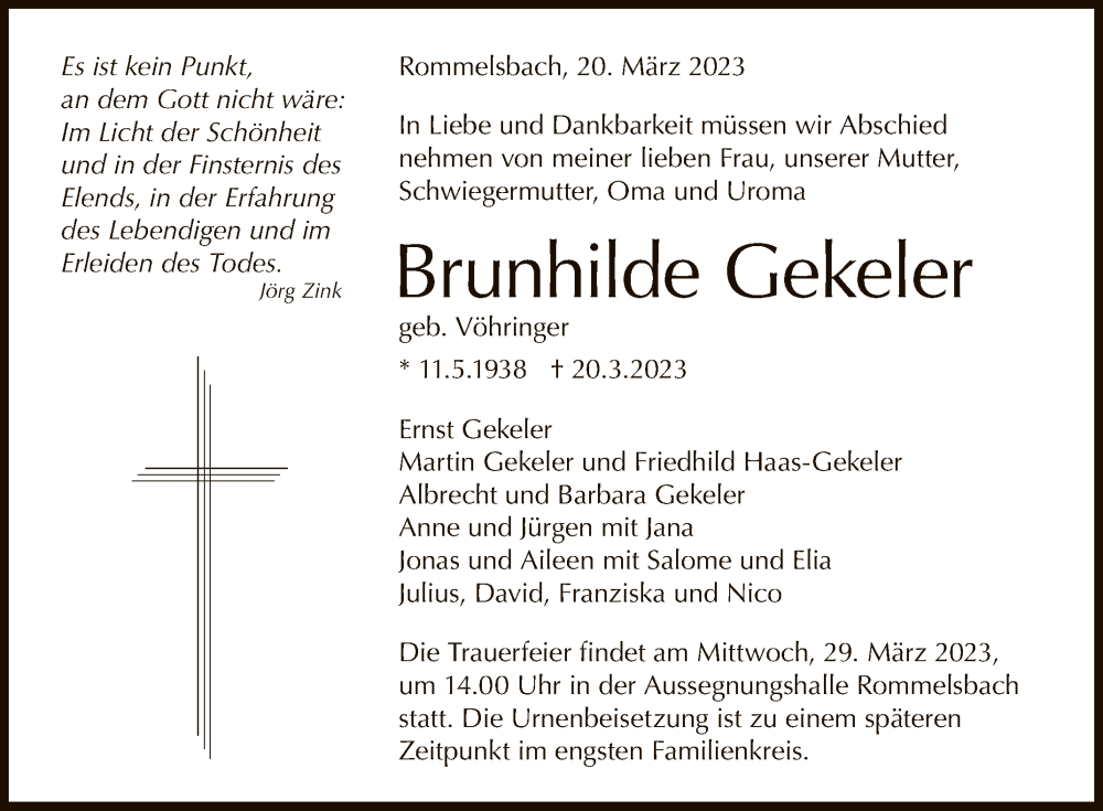  Traueranzeige für Brunhilde Gekeler vom 25.03.2023 aus Reutlinger General-Anzeiger