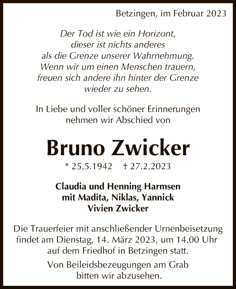  Traueranzeige für Bruno Zwicker vom 08.03.2023 aus Reutlinger General-Anzeiger