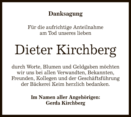 Anzeige von Dieter Kirchberg von Reutlinger General-Anzeiger