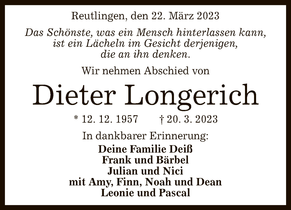  Traueranzeige für Dieter Longerich vom 23.03.2023 aus Reutlinger General-Anzeiger