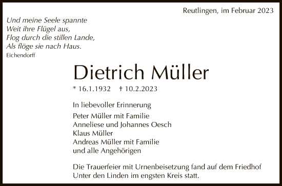 Anzeige von Dietrich Müller von Reutlinger General-Anzeiger