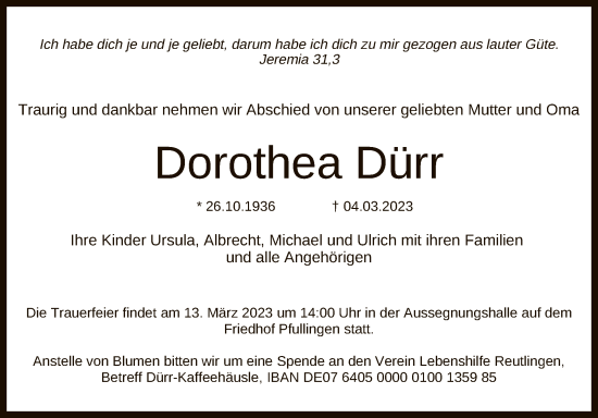 Anzeige von Dorothea Dürr von Reutlinger General-Anzeiger