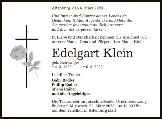 Anzeige von Edelgart Klein von Reutlinger General-Anzeiger