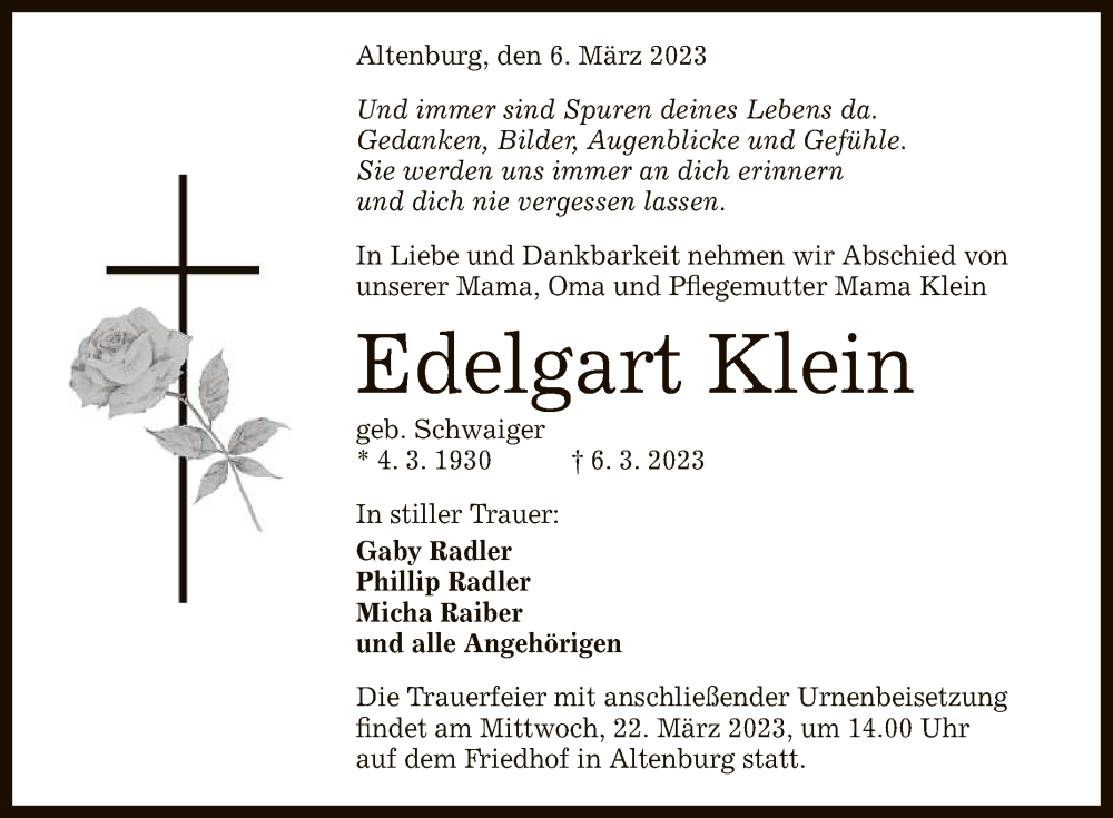  Traueranzeige für Edelgart Klein vom 17.03.2023 aus Reutlinger General-Anzeiger