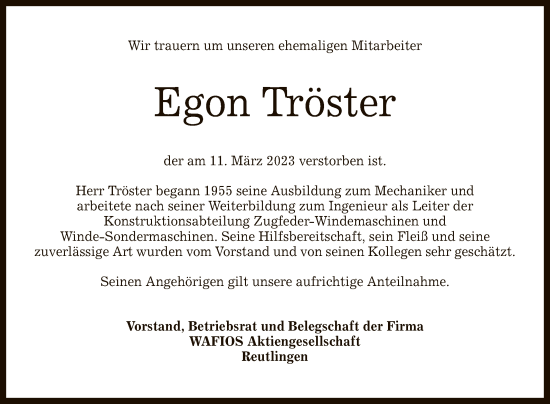 Anzeige von Egon Tröster von Reutlinger General-Anzeiger